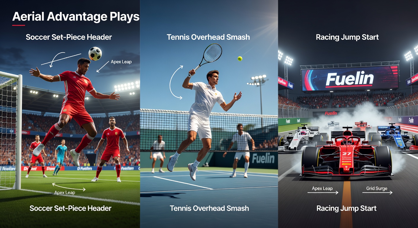 Close-up sequence of a tennis overhead smash connecting powerfully, a soccer header goal celebration, and a horse racing jump start with the field exploding from the gates, illustrating key betting moments