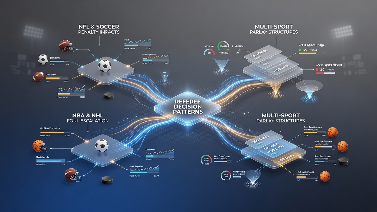 Analytics dashboard showing referee statistics overlaid on parlay betting structure