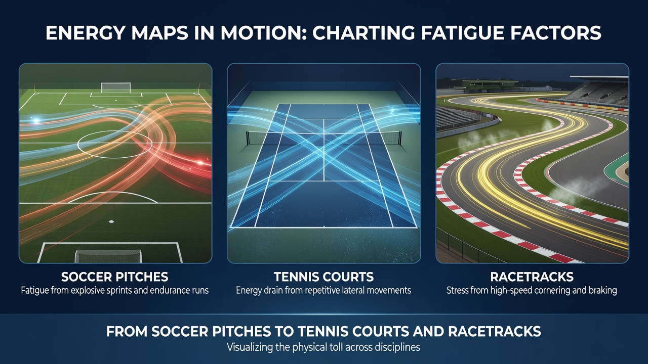Data overlay showing fatigue curves plotted against match minutes, set counts, and race distances for cross-sport comparison