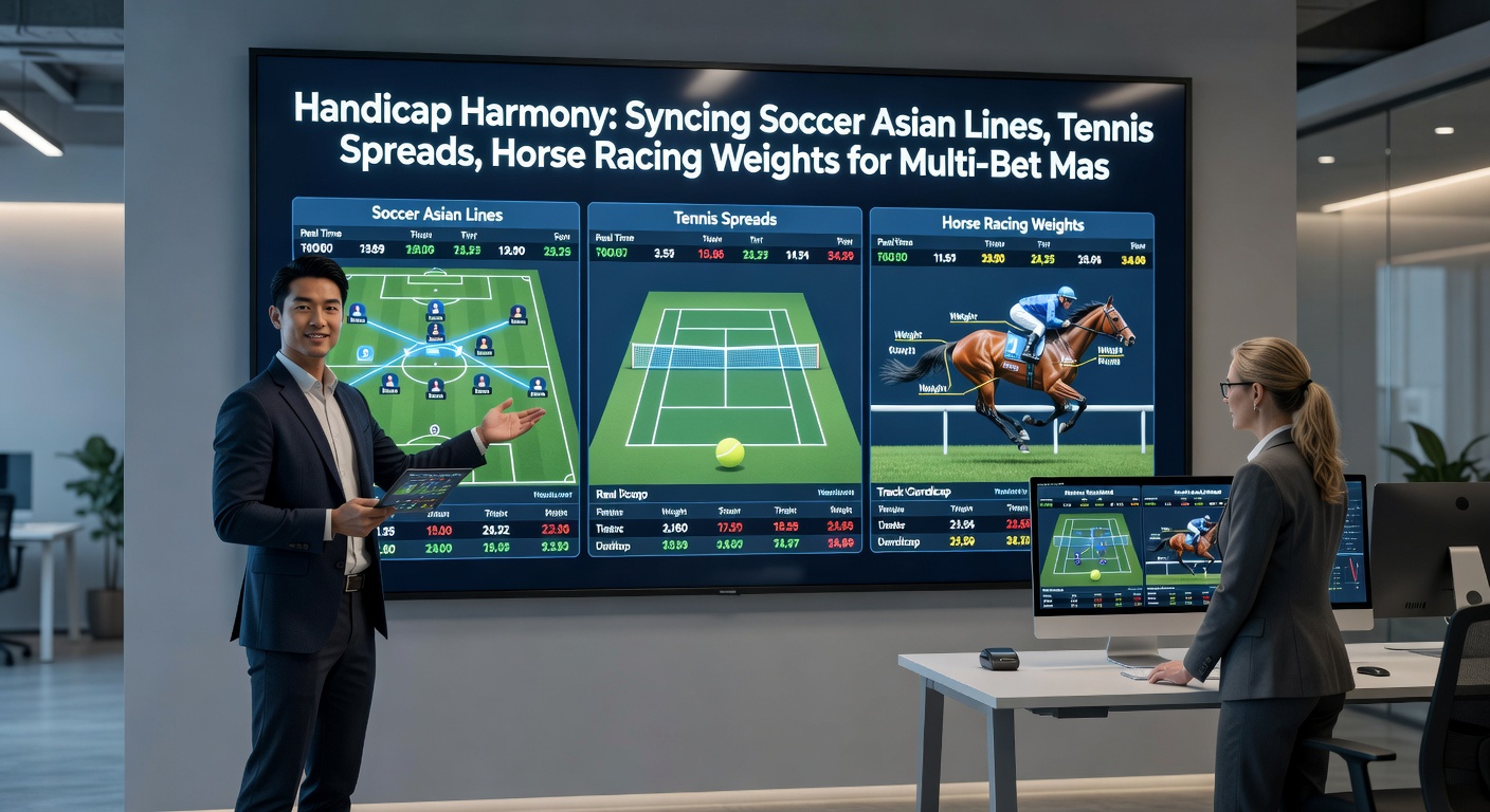 Close-up of betting slips and charts illustrating synced Asian lines, tennis spreads, and racing weight assignments in a multi-bet accumulator
