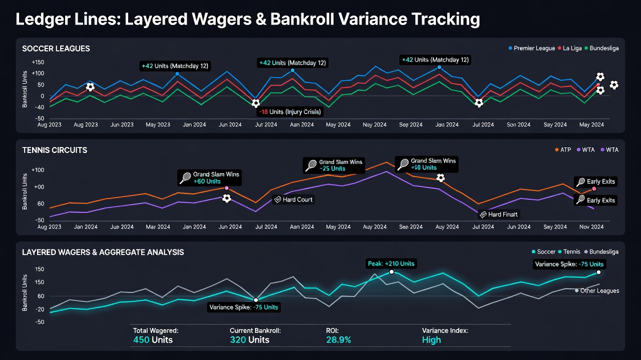 Detailed graph of odds movement timelines for tennis and thoroughbred events overlaid on bankroll performance metrics