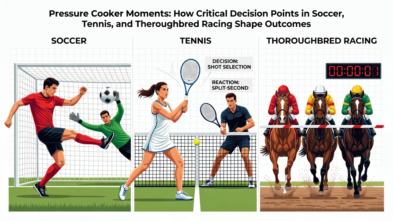 Close-up of a photo finish at a racetrack alongside tennis and soccer pressure scenarios
