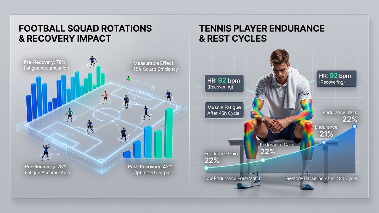 Tennis player executing a recovery routine between matches with focus on endurance maintenance