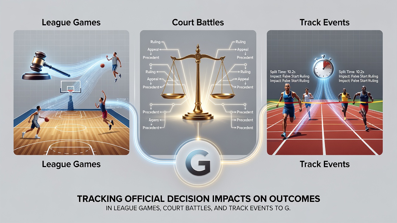 Stewards reviewing photo finish in horse racing with data overlays linking to tennis and soccer decision tracking