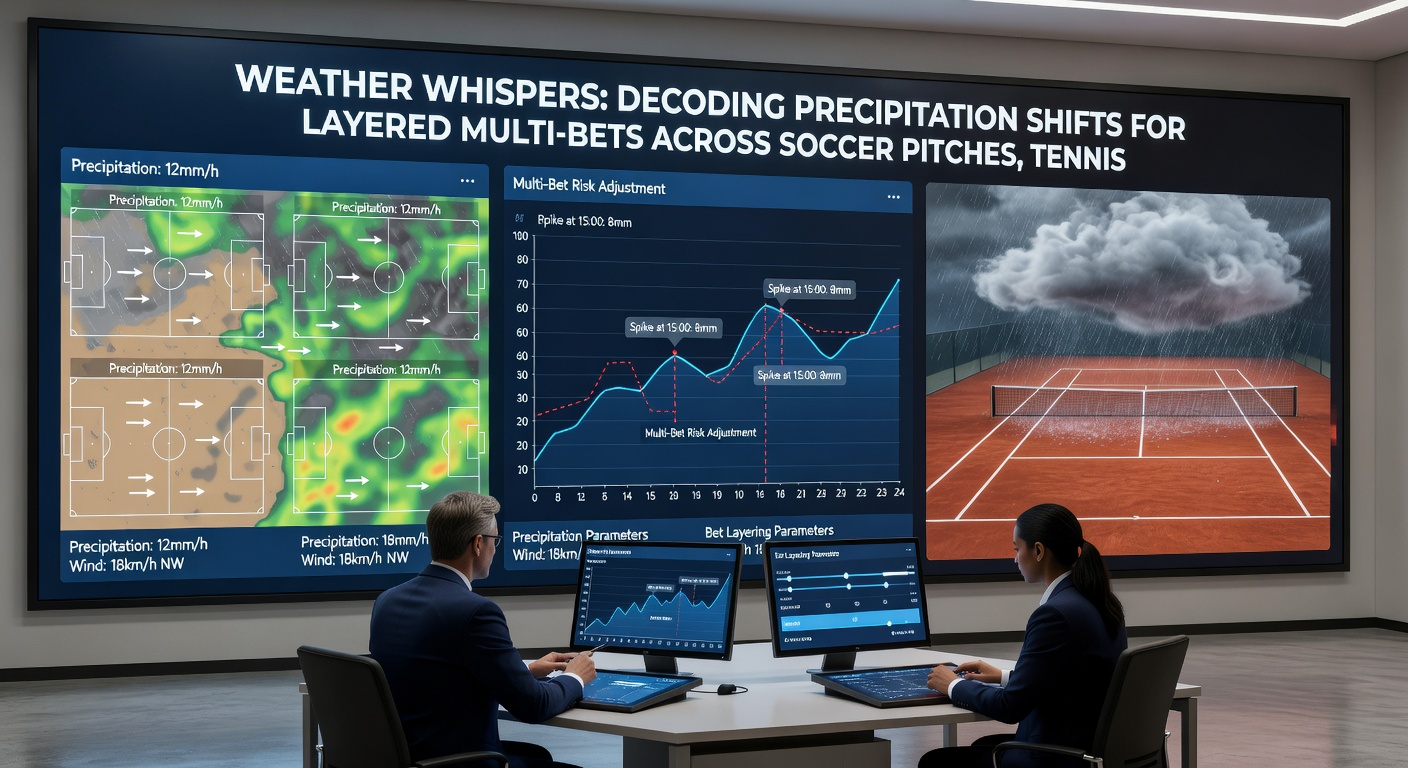 Wet racing track with horses competing under light rain while data overlays show precipitation forecasts