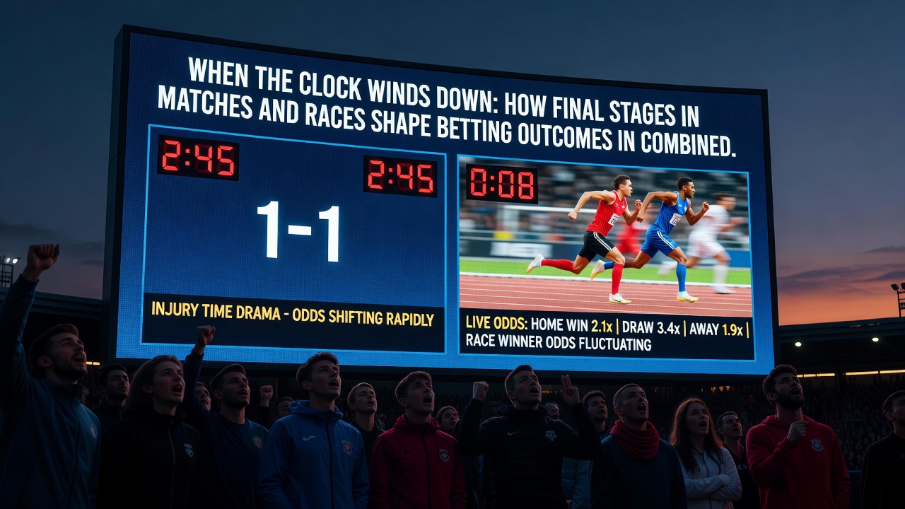 Split screen showing tennis final set, football injury time, and horse racing finish line with accumulator slip